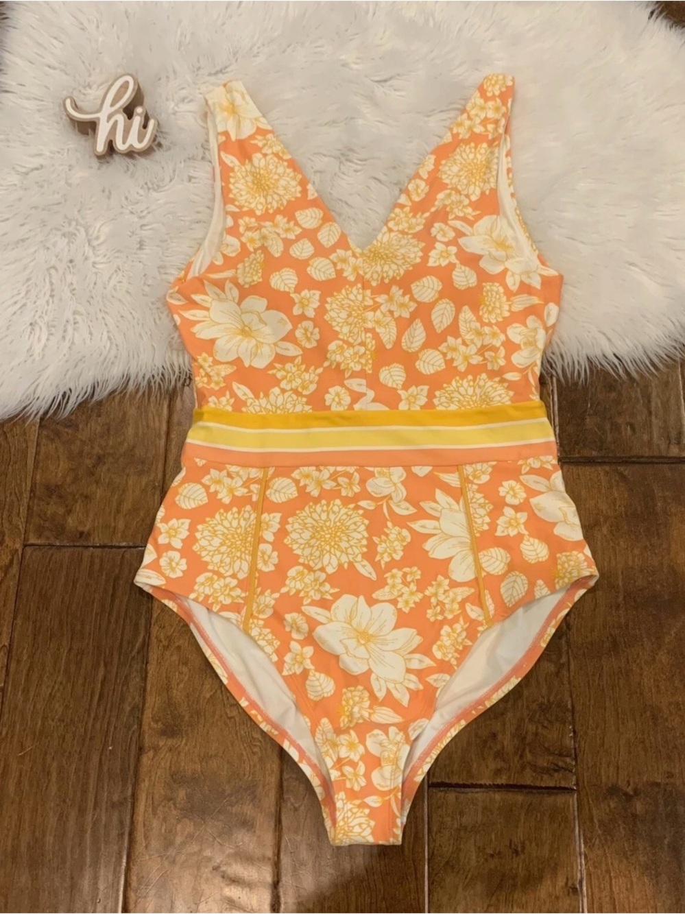 Matilda Jane Women’s Floral V-Neck One-Piece Swimsuit in Peach and Cream